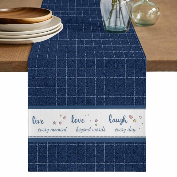 Table Runner 70 Inch Long - Vintage Blue Plaid Stripes Decorative Table Scarf, Laugh Every Day Quote Dining Table Runners for Wedding Party Kitchen Dining Tables