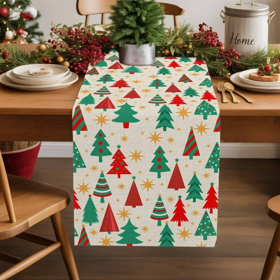 Table Runner 90 Inch Long - Vintage Red Green Christmas TreeDecorative Table Scarf,Xmas Stars Retro LinenDining Table Runners for Wedding Party Kitchen Dining Tables