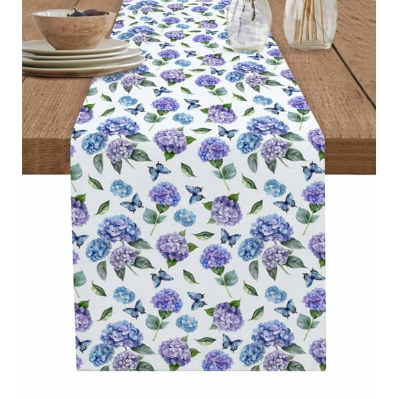 Table Runner 70 Inch Long - Watercolor Pastoral Purple HydrangeaDecorative Table Scarf,Summer ButterflyDining Table Runners for Wedding Party Kitchen Dining Tables
