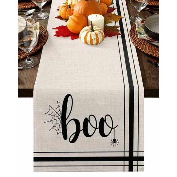 Table Runner 70 Inches Long, BOO Halloween Black Stripe Cotton Linen Table Runners Non-Slip Durable Dresser Scarves for Table Party Dinner Holiday Home Decor, 1 Pack