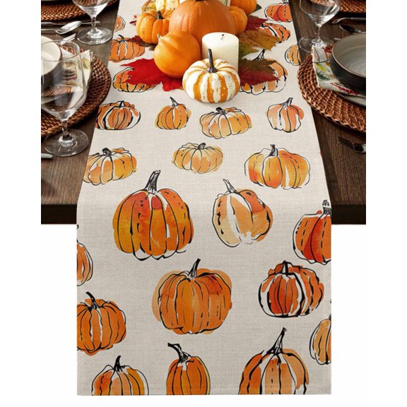 Table Runner 70 Inches Long, Fall Thanksgiving Orange Pumpkin Simple Lines Linen Cotton Linen Table Runners Non-Slip Durable Dresser Scarves for Table Party Dinner Holiday Home Decor, 1 Pack