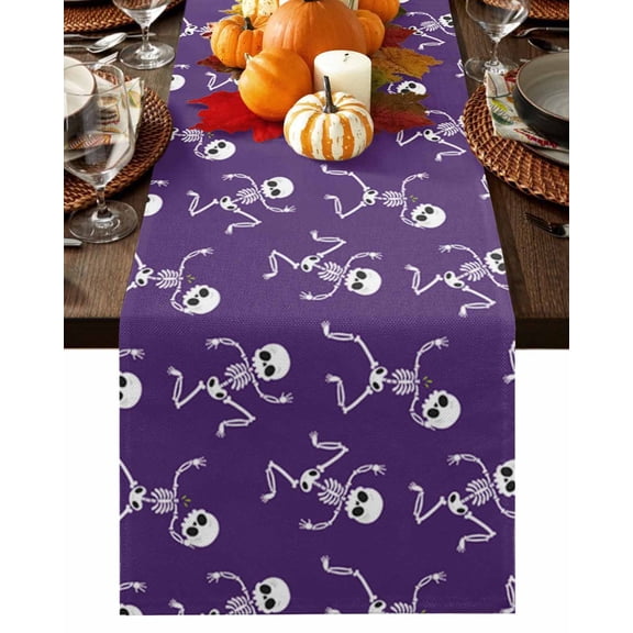Table Runner 70 Inches Long, Halloween Skeleton Purple Cotton Linen Table Runners Non-Slip Durable Dresser Scarves for Table Party Dinner Holiday Home Decor, 1 Pack