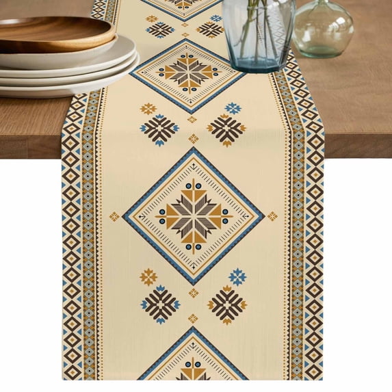 Table Runner 70 Inches Long for Kitchen Dining, Beige Khaki Boho Dresser Scarf Farmhouse, Dining Table Decorations for Wedding/Parties, Vintage Ethnic Tribe Abstract Art Retro 13 x 70 In