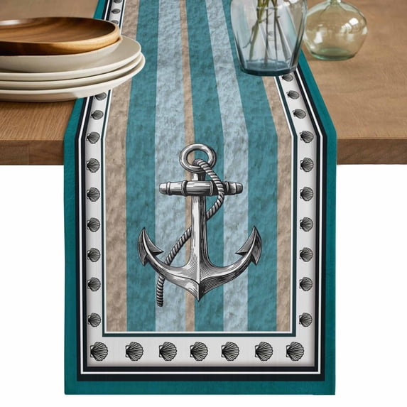 Table Runner 70 Inches Long for Kitchen Dining, Blue Beige Anchor Dresser Scarf Farmhouse, Dining Table Decorations for Wedding/Parties, Nautical Summer Beach Coastal Ocean 13 x 70 In