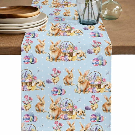 Table Runner 70 Inches Long for Kitchen Dining, Blue Bunny Easter Dresser Scarf Farmhouse, Dining Table Decorations for Wedding/Parties, Colorful Eggs Rabbits Pastoral 13 x 70 In