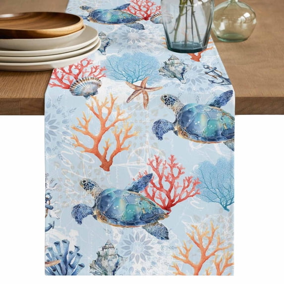 Table Runner 70 Inches Long for Kitchen Dining, Blue Ocean Dresser Scarf Farmhouse, Dining Table Decorations for Wedding/Parties, Summer Coastal Beach Nautical Sea Turtles Corals 13 x 70 In