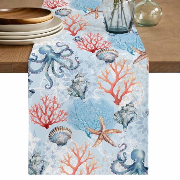 Table Runner 70 Inches Long for Kitchen Dining, Blue Ocean Dresser Scarf Farmhouse, Dining Table Decorations for Wedding/Parties, Summer Coastal Beach Nautical Octopus Corals 13 x 70 In