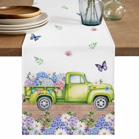 Table Runner 70 Inches Long for Kitchen Dining, Blue Purple Floral Dresser Scarf Farmhouse, Dining Table Decorations for Wedding/Parties, Spring Country Hydrangea Flower Truck 13 x 70 In