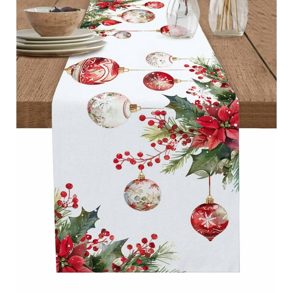 Table Runner 70 Inches Long for Kitchen Dining, Christmas Balls Dresser Scarf Farmhouse, Dining Table Decorations for Wedding/Parties, Xmas Poinsettia Botanical Red 13 x 70 In