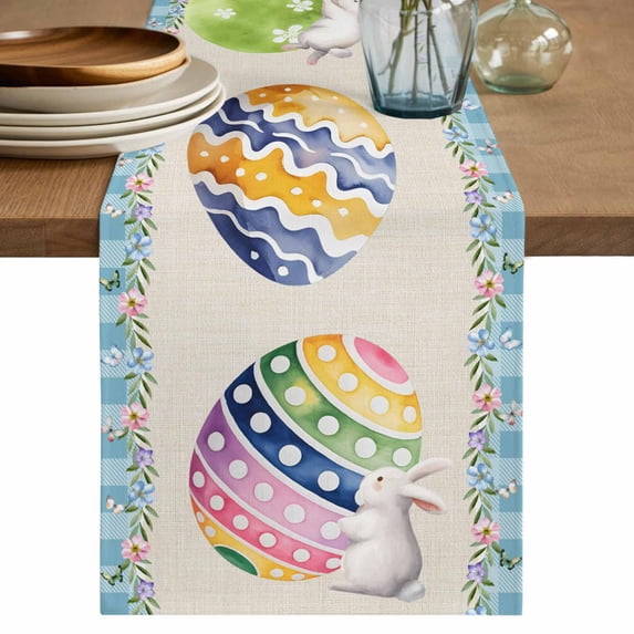 Table Runner 70 Inches Long for Kitchen Dining, Easter Dresser Scarf Farmhouse, Dining Table Decorations for Wedding/Parties, Colorful Eggs Rabbit Flowers Leaves Blue Plaid 13 x 70 In
