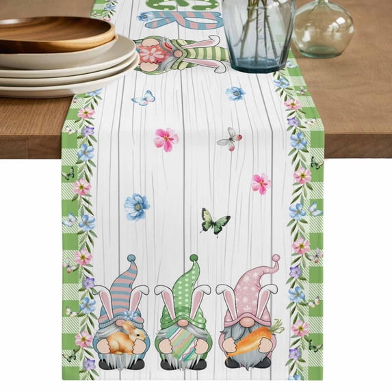 Table Runner 70 Inches Long for Kitchen Dining, Easter Dresser Scarf Farmhouse, Dining Table Decorations for Wedding/Parties, Gnomes Flowers Bunny Eggs Plaid Wooden Grain 13 x 70 In
