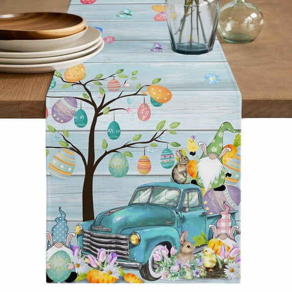 Table Runner 70 Inches Long for Kitchen Dining, Easter Dresser Scarf Farmhouse, Dining Table Decorations for Wedding/Parties, Turquoise Truck Eggs Gnomes Rabbit Wooden Grain 13 x 70 In