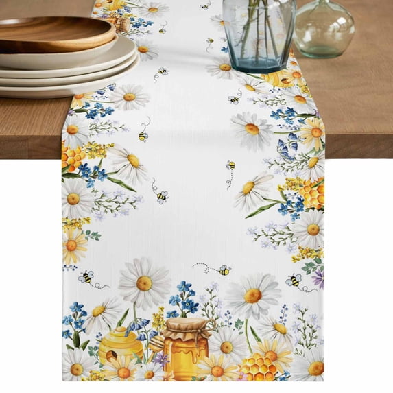 Table Runner 70 Inches Long for Kitchen Dining, Eucalyptus Leaves Dresser Scarf Farmhouse, Dining Table Decorations for Wedding/Parties, Daisy Flower Spring Watercolor Country Floral Bee 13 x 70 In