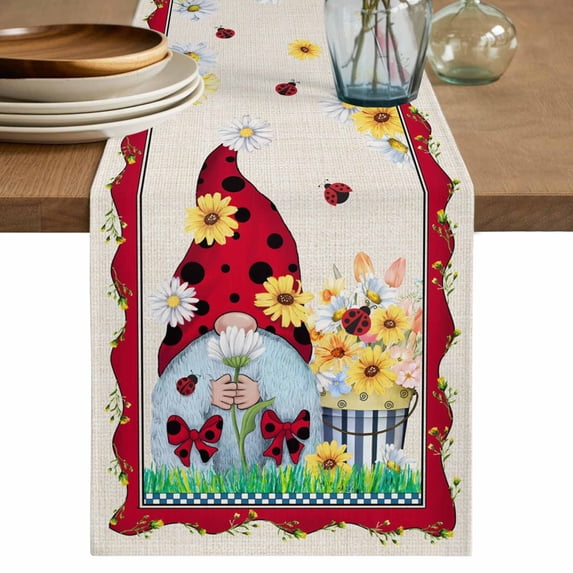 Table Runner 70 Inches Long for Kitchen Dining, Gnomes Flowers Dresser Scarf Farmhouse, Dining Table Decorations for Wedding/Parties, Spring Farmhouse Botanical Floral Striped 13 x 70 In