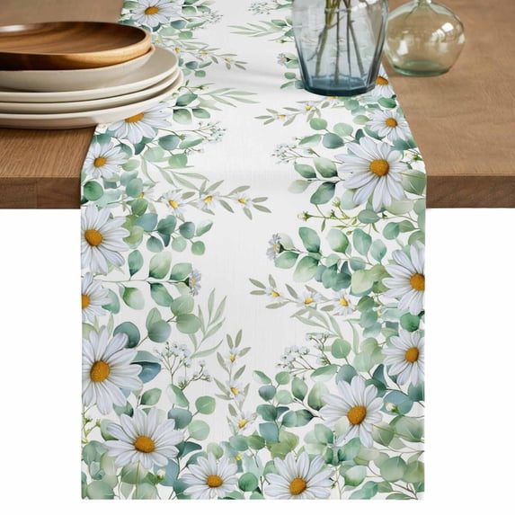 Table Runner 70 Inches Long for Kitchen Dining, Green Eucalyptus Leaves Dresser Scarf Farmhouse, Dining Table Decorations for Wedding/Parties, Summer Botanical Daisy Floral 13 x 70 In