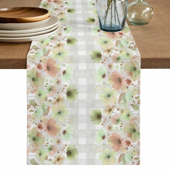 Table Runner 70 Inches Long for Kitchen Dining, Green Floral Dresser Scarf Farmhouse, Dining Table Decorations for Wedding/Parties, Spring Flowers Botanical Gray and White Plaid 13 x 70 In