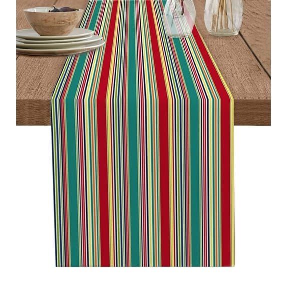 Table Runner 70 Inches Long for Kitchen Dining, Green Red Striped Dresser Scarf Farmhouse, Dining Table Decorations for Wedding/Parties, Farmhouse Colorful Stripes 13 x 70 In