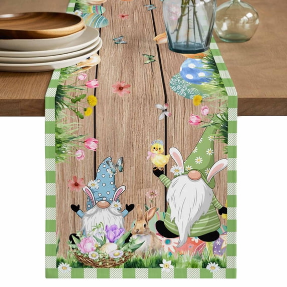 Table Runner 70 Inches Long for Kitchen Dining, Happy Easter Dresser Scarf Farmhouse, Dining Table Decorations for Wedding/Parties, Gnomes Rabbit Flowers Green Check Wooden 13 x 70 In