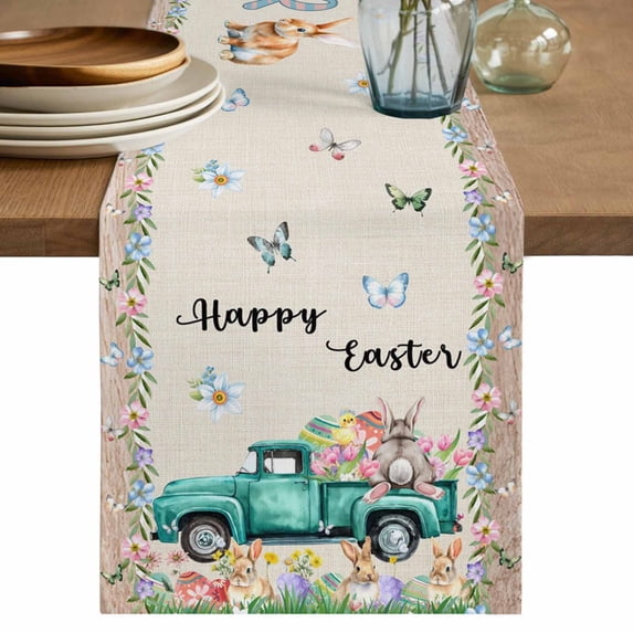 Table Runner 70 Inches Long for Kitchen Dining, Happy Easter Dresser Scarf Farmhouse, Dining Table Decorations for Wedding/Parties, Spring Farmhouse Green Truck Eggs Bunny 13 x 70 In