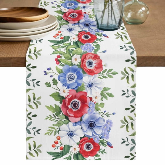 Table Runner 70 Inches Long for Kitchen Dining, Independence Day Dresser Scarf Farmhouse, Dining Table Decorations for Wedding/Parties, 4th of July Patriotic Flowers Leaves 13 x 70 In