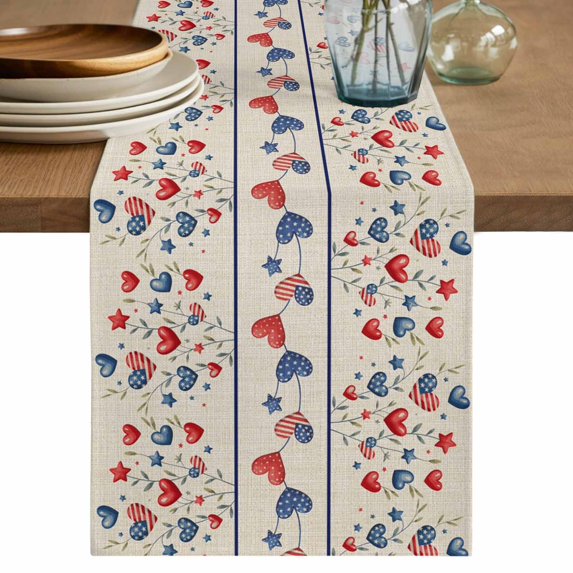 Table Runner 70 Inches Long for Kitchen Dining, Independence Day Dresser Scarf Farmhouse, Dining Table Decorations for Wedding/Parties, 4th of July Red Blue Strip Love Burlap 13 x 70 In