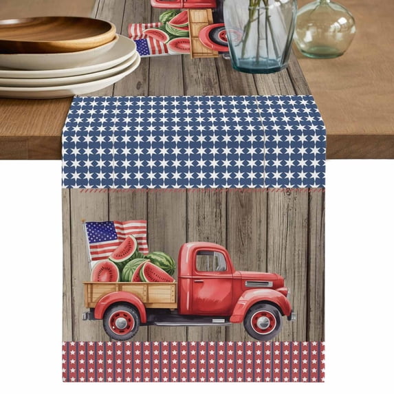 Table Runner 70 Inches Long for Kitchen Dining, Independence Day Dresser Scarf Farmhouse, Dining Table Decorations for Wedding/Parties, Red Truck Watermelon Star Wooden Grain 13 x 70 In