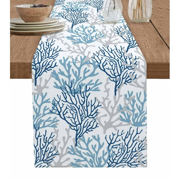 Table Runner 70 Inches Long for Kitchen Dining, Navy Blue Coral Coastal Dresser Scarf Farmhouse, Dining Table Decorations for Wedding/Parties, Summer Beach Seaside Nautical 13 x 70 In