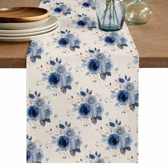 Table Runner 70 Inches Long for Kitchen Dining, Navy Blue Spring Floral Dresser Scarf Farmhouse, Dining Table Decorations for Wedding/Parties, Farmhouse Flowers Modern Art 13 x 70 In