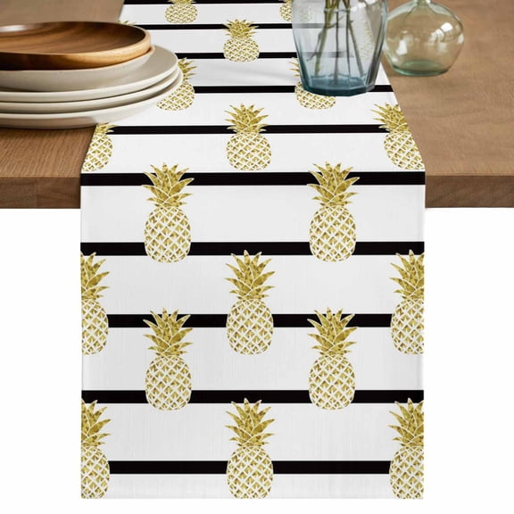 Table Runner 70 Inches Long for Kitchen Dining, Pineapple Dresser Scarf Farmhouse, Dining Table Decorations for Wedding/Parties, Modern Abstract Yellow Fruits Stripes 13 x 70 In