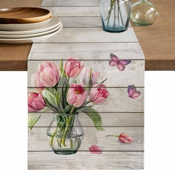 Table Runner 70 Inches Long for Kitchen Dining, Pink Tulip Dresser Scarf Farmhouse, Dining Table Decorations for Wedding/Parties, Vintage Spring Floral Retro Art Butterfly Wooden 13 x 70 In