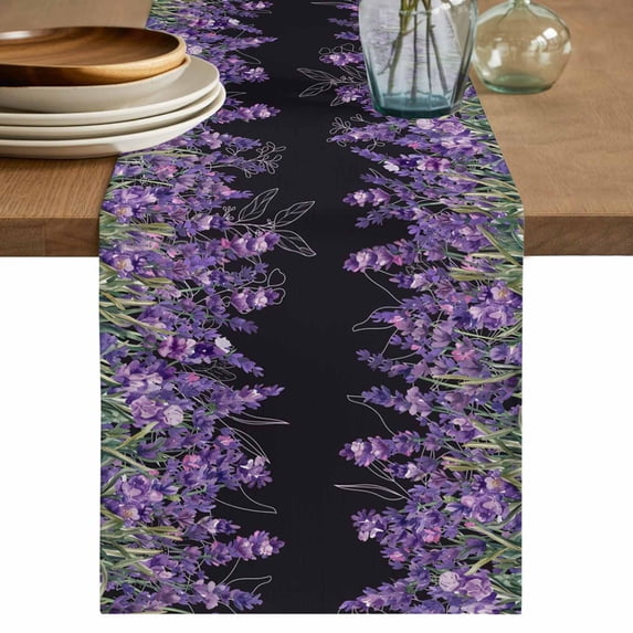 Table Runner 70 Inches Long for Kitchen Dining, Purple Lavender Dresser Scarf Farmhouse, Dining Table Decorations for Wedding/Parties, Spring Watercolor Wildflowers Plant Black 13 x 70 In