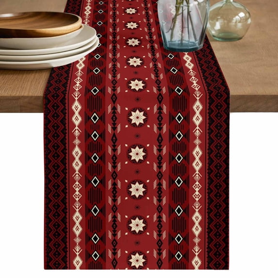 Table Runner 70 Inches Long for Kitchen Dining, Red Black Boho Dresser Scarf Farmhouse, Dining Table Decorations for Wedding/Parties, Vintage Ethnic Tribe Abstract Art Retro 13 x 70 In