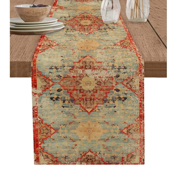 Table Runner 70 Inches Long for Kitchen Dining, Red Blue Boho Dresser Scarf Farmhouse, Dining Table Decorations for Wedding/Parties, Ehtnic Abstract Art Modern Geometric 13 x 70 In