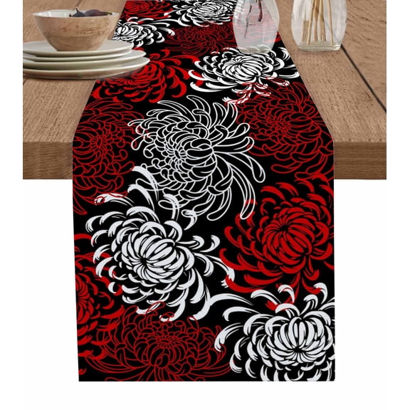 Table Runner 70 Inches Long for Kitchen Dining, Red Grey Chrysanthemum Dresser Scarf Farmhouse, Dining Table Decorations for Wedding/Parties, Farmhouse Botanical Floral Modern 13 x 70 In