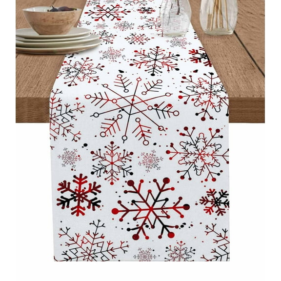 Table Runner 70 Inches Long for Kitchen Dining, Red White Snowflake Christmas Dresser Scarf Farmhouse, Dining Table Decorations for Wedding/Parties, Winter Xmas Snow Snowflakes 13 x 70 In