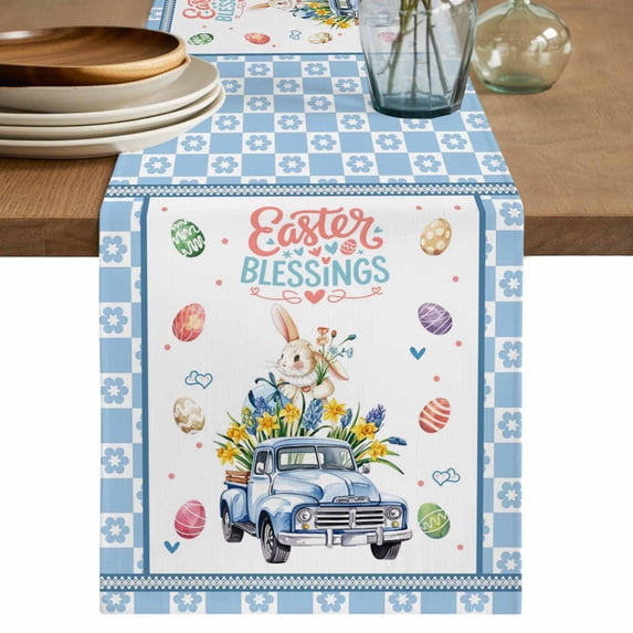 Table Runner 70 Inches Long for Kitchen Dining, Spring Easter Dresser Scarf Farmhouse, Dining Table Decorations for Wedding/Parties, Watercolor Floral Eggs Rabbits Truck Blue 13 x 70 In