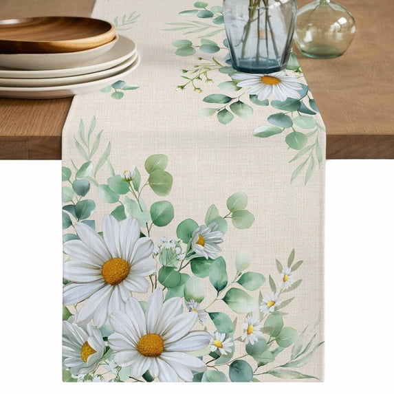 Table Runner 70 Inches Long for Kitchen Dining, Spring Floral Dresser Scarf Farmhouse, Dining Table Decorations for Wedding/Parties, Daisy Eucalyptus Leaves Watercolor Rustic 13 x 70 In