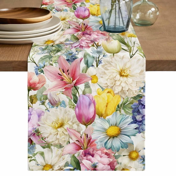 Table Runner 70 Inches Long for Kitchen Dining, Spring Floral Dresser Scarf Farmhouse, Dining Table Decorations for Wedding/Parties, Farmhouse Elegant Flowers Watercolor 13 x 70 In