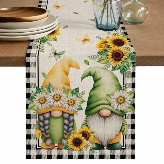 Table Runner 70 Inches Long for Kitchen Dining, Sunflower Gnomes Dresser Scarf Farmhouse, Dining Table Decorations for Wedding/Parties, Spring Farmhouse Vintage Daisy Floral Leaf 13 x 70 In