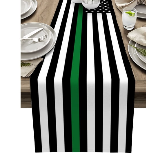 Table Runner 70 Inches Long for Kitchen Dining, Thin Green White Line Dresser Scarf Farmhouse, Dining Table Decorations for Wedding/Parties, American Flag Star 13 x 70 In