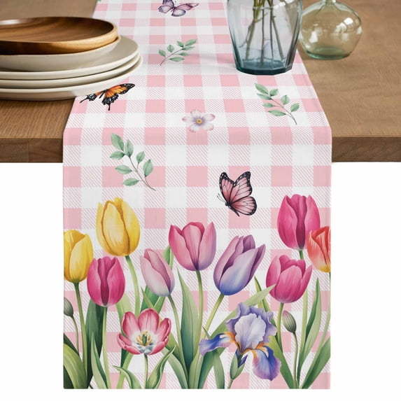 Table Runner 70 Inches Long for Kitchen Dining, Tulips Spring Floral Dresser Scarf Farmhouse, Dining Table Decorations for Wedding/Parties, Pink Plaid Flowers Butterfly Pastoral 13 x 70 In