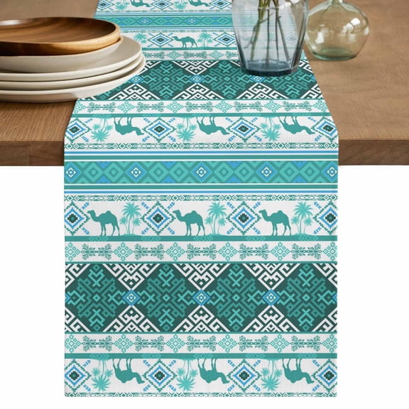 Table Runner 70 Inches Long for Kitchen Dining, Turquoise Boho Dresser Scarf Farmhouse, Dining Table Decorations for Wedding/Parties, Southwest Aztec Tropical Tree Animals Motifs 13 x 70 In