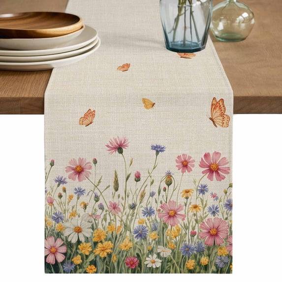 Table Runner 70 Inches Long for Kitchen Dining, Watercolor Flowers Dresser Scarf Farmhouse, Dining Table Decorations for Wedding/Parties, Spring Daisy Floral Butterflly Beige 13 x 70 In