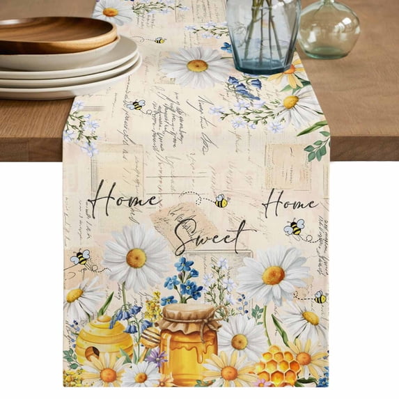 Table Runner 70 Inches Long for Kitchen Dining, White Daisy Dresser Scarf Farmhouse, Dining Table Decorations for Wedding/Parties, Spring Floral Elegant Pastoral Botanical Bees 13 x 70 In