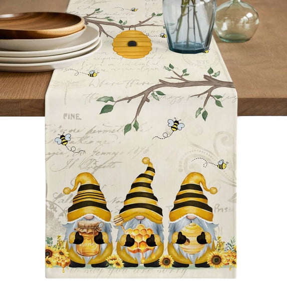 Table Runner 70 Inches Long for Kitchen Dining, Yellow Bees Gnomes Dresser Scarf Farmhouse, Dining Table Decorations for Wedding/Parties, Spring Floral Branches Sunflower 13 x 70 In