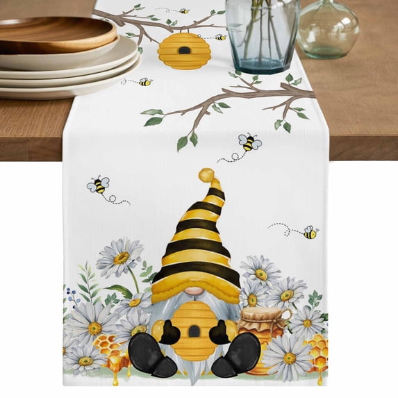 Table Runner 70 Inches Long for Kitchen Dining, Yellow Gnomes Dresser Scarf Farmhouse, Dining Table Decorations for Wedding/Parties, Bees Spring Floral Daisy Branches 13 x 70 In