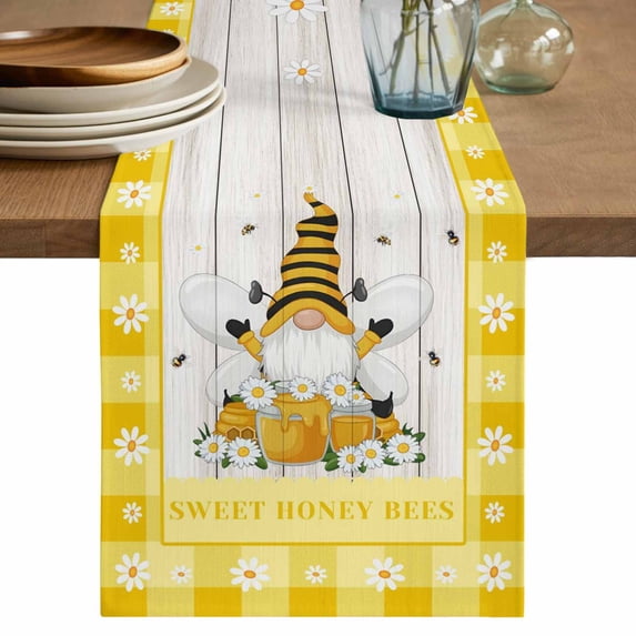 Table Runner 70 Inches Long for Kitchen Dining, Yellow Gnomes Dresser Scarf Farmhouse, Dining Table Decorations for Wedding/Parties, Spring Bees Daisy Plaid Wooden Grain 13 x 70 In