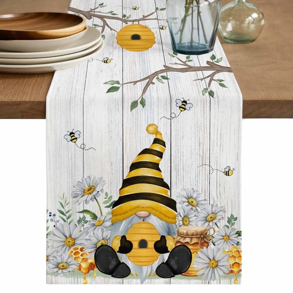 Table Runner 70 Inches Long for Kitchen Dining, Yellow Gnomes Dresser Scarf Farmhouse, Dining Table Decorations for Wedding/Parties, Spring Floral Bees Daisy Branches Wooden 13 x 70 In