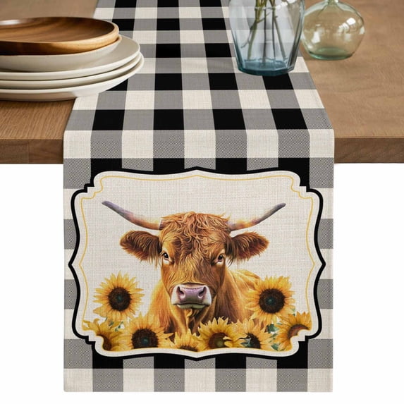 Table Runner 70 Inches Long for Kitchen Dining, Yellow Sunflowers Yak Dresser Scarf Farmhouse, Dining Table Decorations for Wedding/Parties, Black White Checkered Rustic Buffalo 13 x 70 In