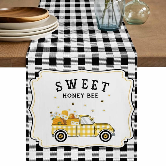 Table Runner 70 Inches Long for Kitchen Dining, Yellow Truck Dresser Scarf Farmhouse, Dining Table Decorations for Wedding/Parties, Spring Bees Honey Daisy Black Lattices 13 x 70 In